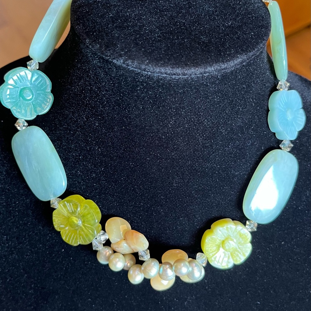 Beautiful Stone beaded Carved Flower Necklace Sterling Toggle Clasp